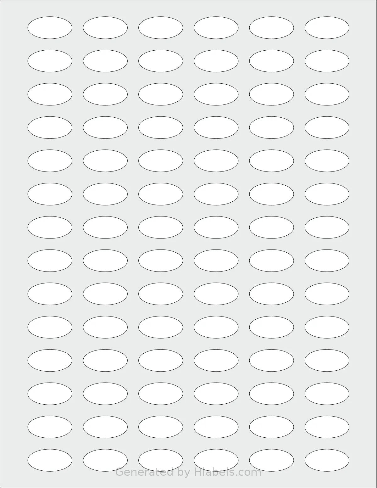 SheetLabels® SL1101 template with 84 oval 1 x 0.5 inch labels per sheet, on Letter-size adhesive blank label sheets.