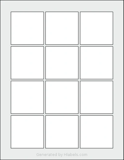 SheetLabels® SL1206 template with 12 square 2.25 x 2.25 inch labels per sheet, on Letter-size adhesive blank label sheets.