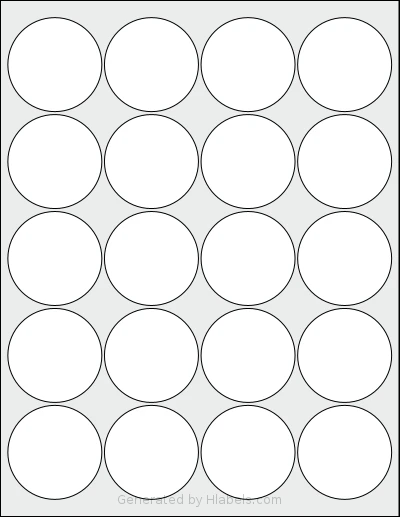 SheetLabels® SL123 template with 20 circle labels per sheet, each 2 inch in diameter, on Letter-size adhesive blank label sheets.