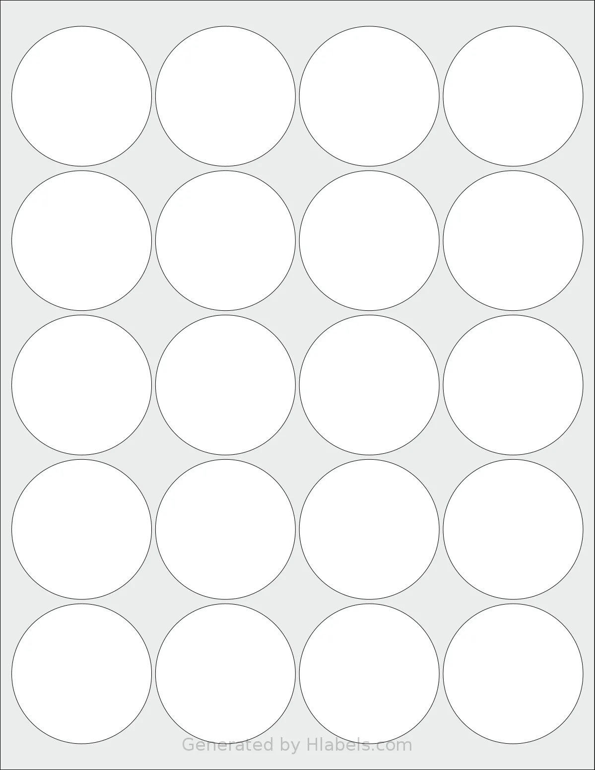 SheetLabels® SL123 template with 20 circle labels per sheet, each 2 inch in diameter, on Letter-size adhesive blank label sheets.