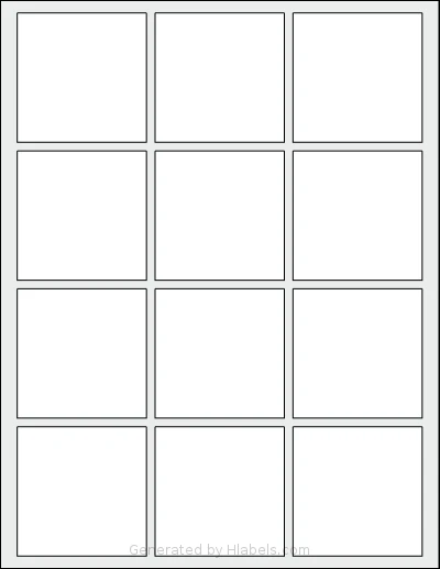 SheetLabels® SL126 template with 12 square 2.5 x 2.5 inch labels per sheet, on Letter-size adhesive blank label sheets.
