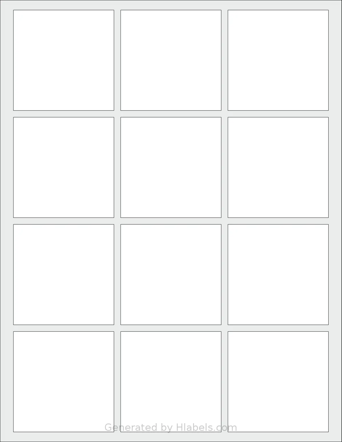 SheetLabels® SL126 template with 12 square 2.5 x 2.5 inch labels per sheet, on Letter-size adhesive blank label sheets.