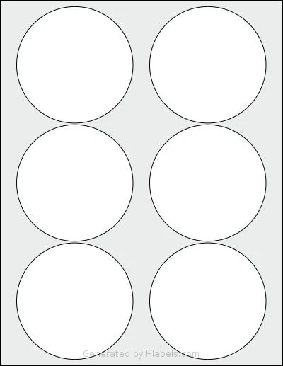 SheetLabels® SL128 template with 6 circle labels per sheet, each 3.5 inch in diameter, on Letter-size adhesive blank label sheets.
