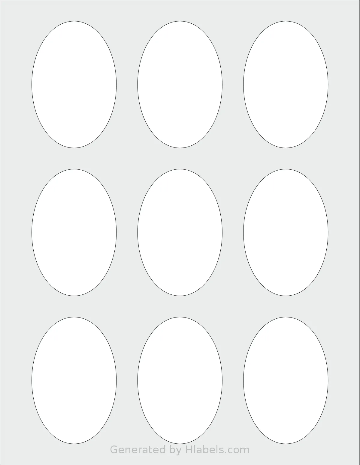 SheetLabels® SL1287 template with 9 oval 2 x 3 inch labels per sheet, on Letter-size adhesive blank label sheets.