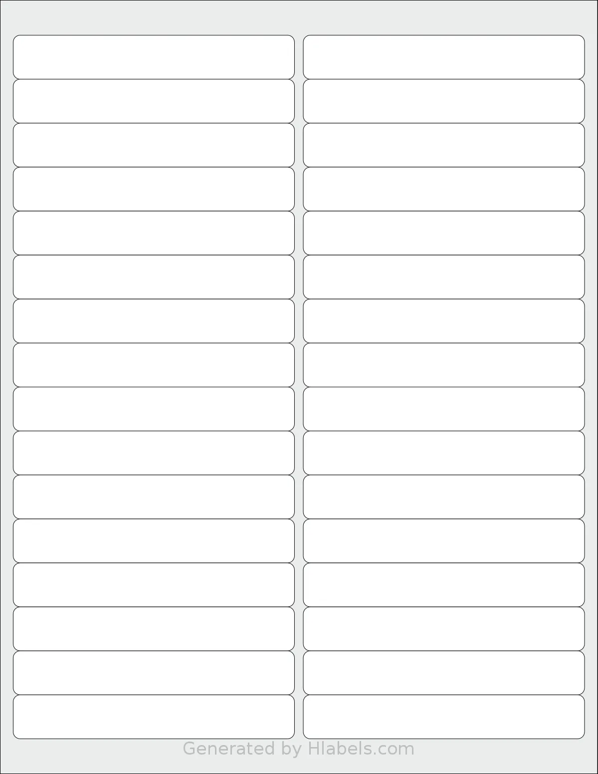 SheetLabels® SL131 template with 32 rectangular 4 x 0.625 inch labels per sheet, on Letter-size adhesive blank label sheets.