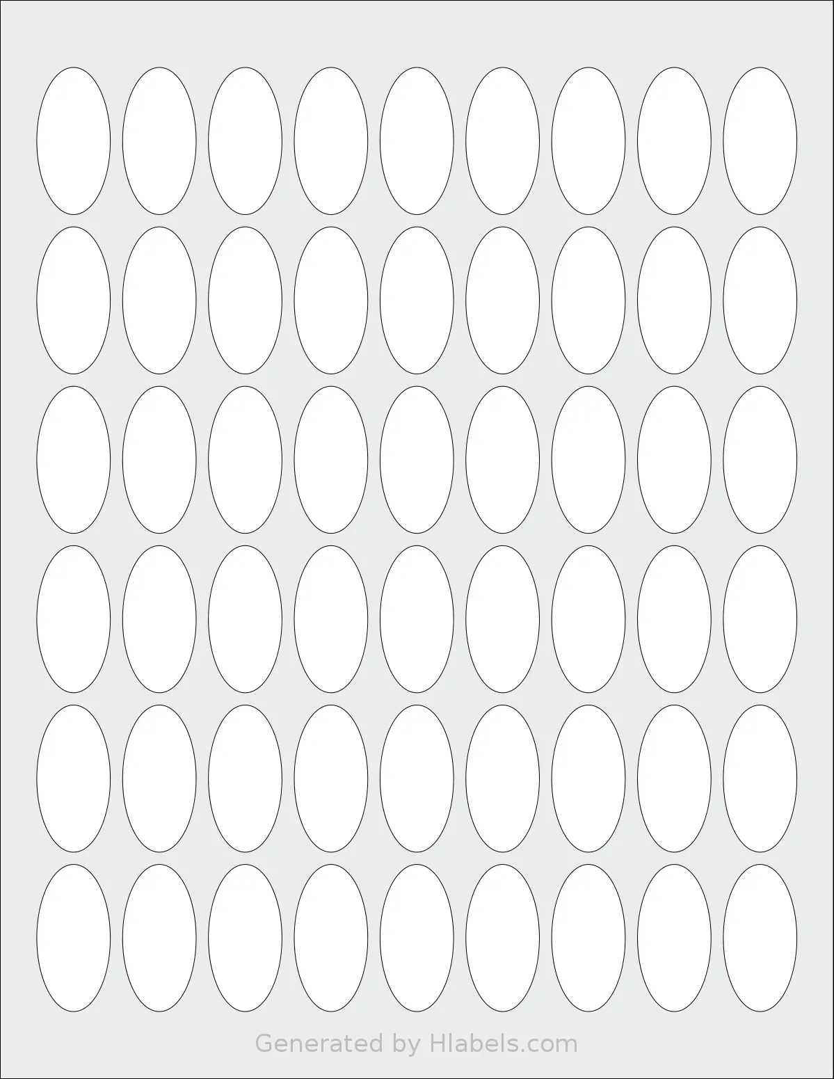 SheetLabels® SL1347 template with 54 oval 0.75 x 1.5 inch labels per sheet, on Letter-size adhesive blank label sheets.