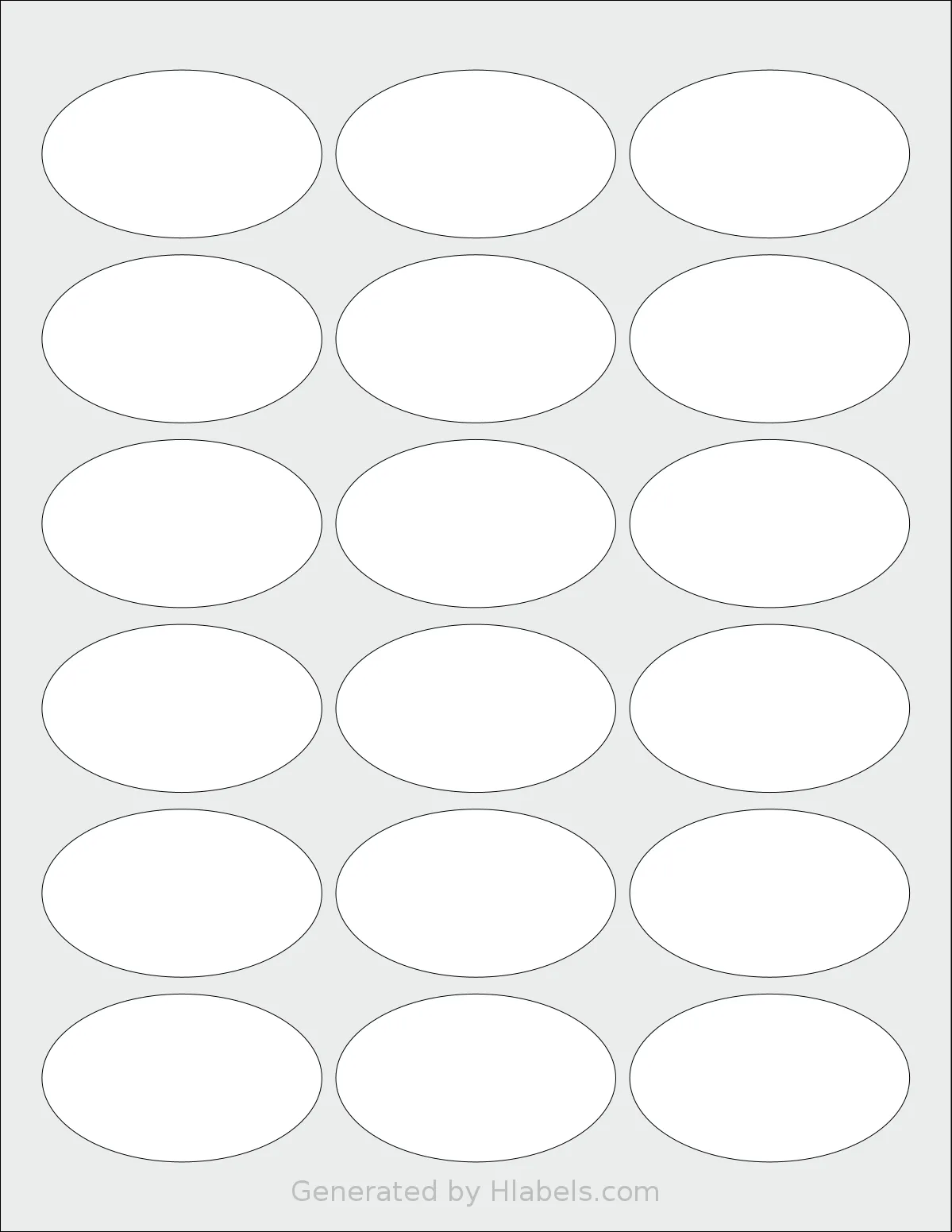 SheetLabels® SL1501 template with 18 oval 2.5 x 1.5 inch labels per sheet, on Letter-size adhesive blank label sheets.