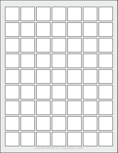 SheetLabels® SL1538 template with 63 square 1 x 1 inch labels per sheet, on Letter-size adhesive blank label sheets.
