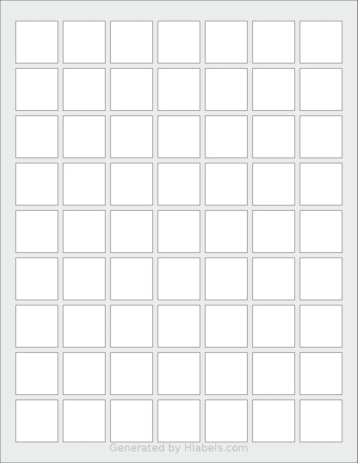 SheetLabels® SL1538 template with 63 square 1 x 1 inch labels per sheet, on Letter-size adhesive blank label sheets.