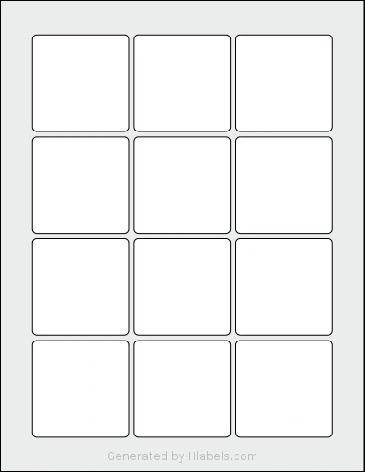 SheetLabels® SL1642 template with 12 square 2.25 x 2.25 inch labels per sheet, on Letter-size adhesive blank label sheets.