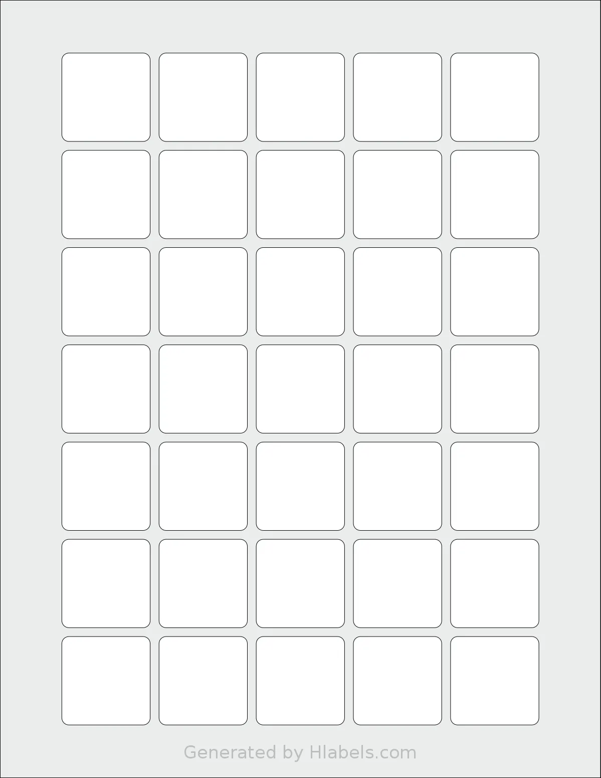 SheetLabels® SL1646 template with 35 square 1.25 x 1.25 inch labels per sheet, on Letter-size adhesive blank label sheets.