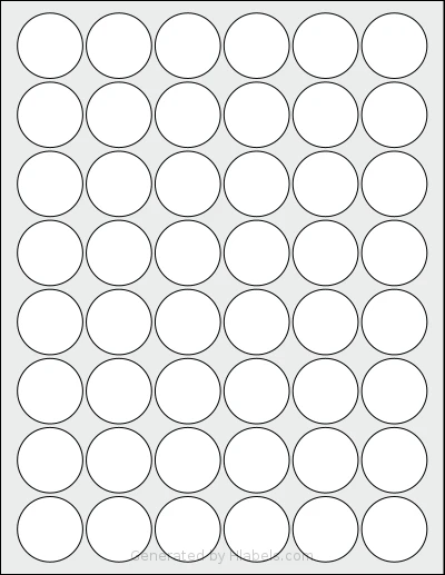 SheetLabels® SL225 template with 48 circle labels per sheet, each 1.25 inch in diameter, on Letter-size adhesive blank label sheets.