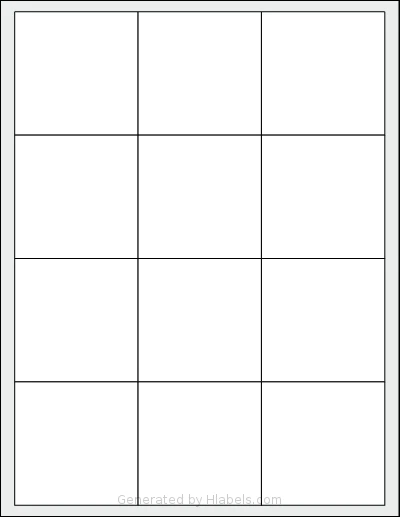SheetLabels® SL360 template with 12 square 2.625 x 2.625 inch labels per sheet, on Letter-size adhesive blank label sheets.