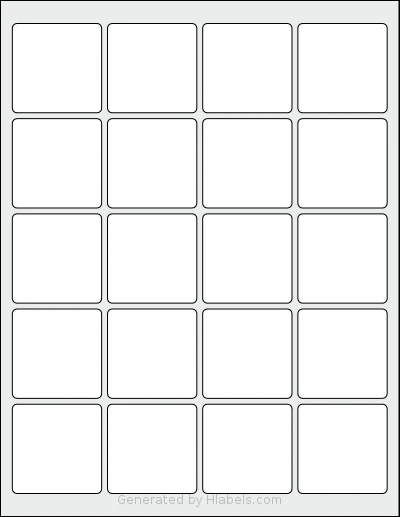 SheetLabels® SL546 template with 20 square 1.9 x 1.9 inch labels per sheet, on Letter-size adhesive blank label sheets.