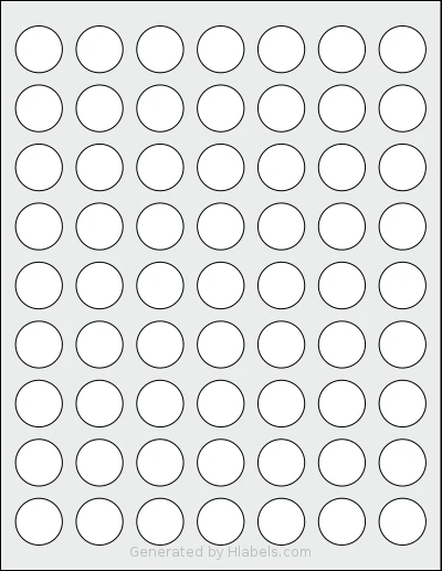 SheetLabels® SL714 template with 63 circle labels per sheet, each 0.9 inch in diameter, on Letter-size adhesive blank label sheets.