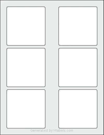 SheetLabels® SL740 template with 6 square 3.15 x 3.15 inch labels per sheet, on Letter-size adhesive blank label sheets.