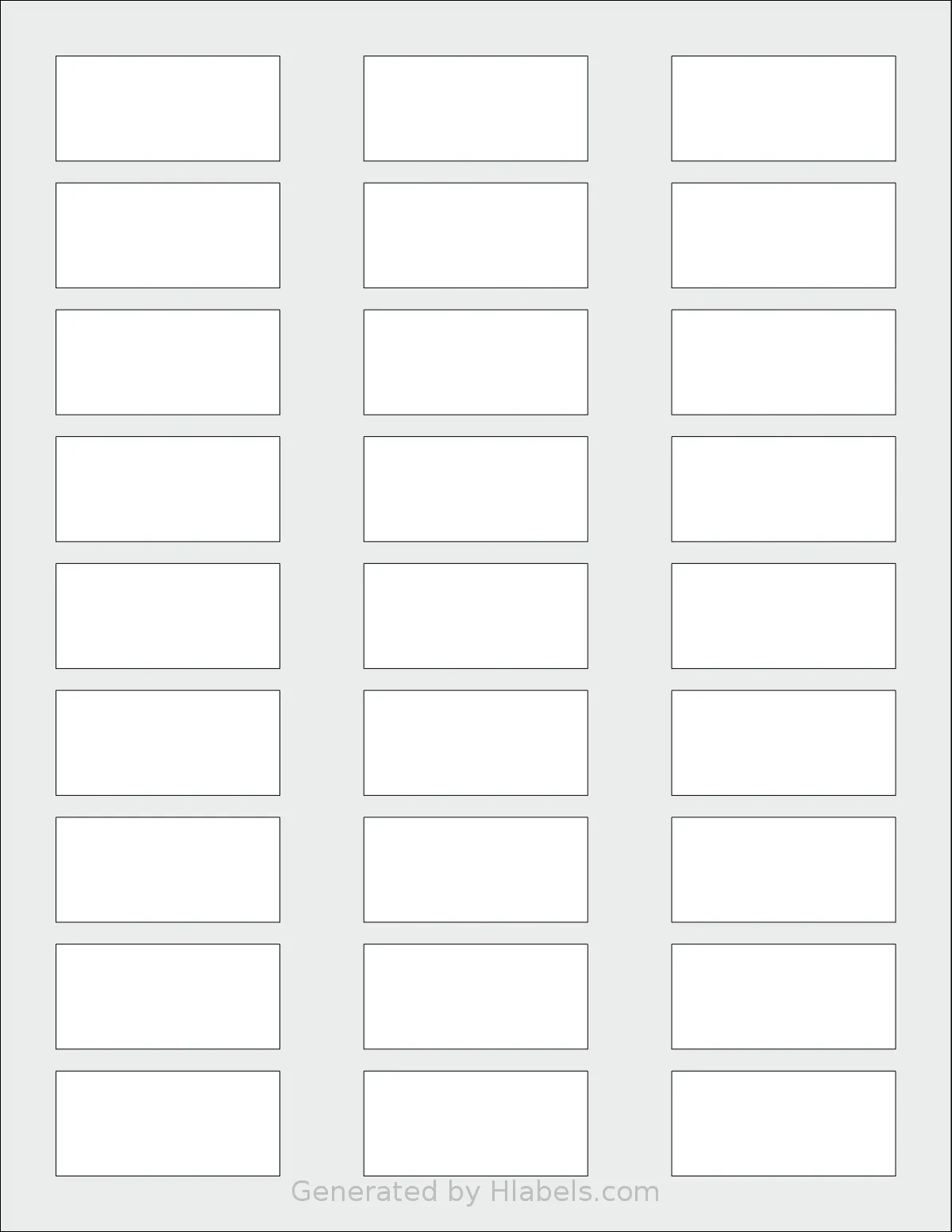 SheetLabels® SL763 template with 27 rectangular 2 x 0.9375 inch labels per sheet, on Letter-size adhesive blank label sheets.
