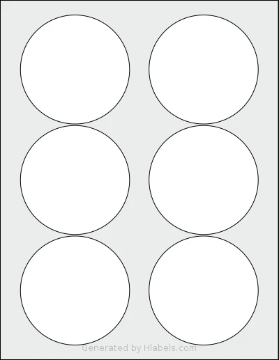 SheetLabels® SLS09 template with 6 circle labels per sheet, each 3.33 inch in diameter, on Letter-size adhesive blank label sheets.