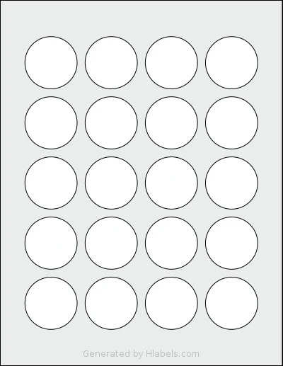 SheetLabels® SLS12 template with 20 circle labels per sheet, each 1.57 inch in diameter, on Letter-size adhesive blank label sheets.