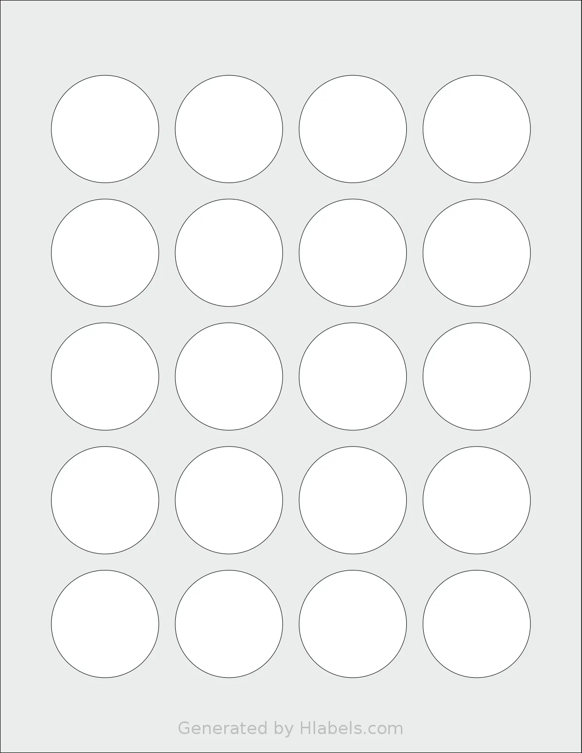 SheetLabels® SLS12 template with 20 circle labels per sheet, each 1.57 inch in diameter, on Letter-size adhesive blank label sheets.