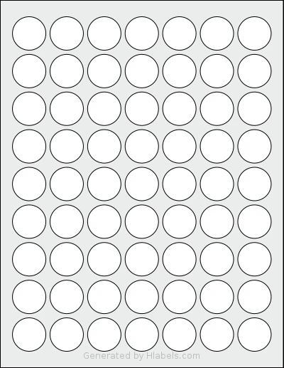 SpartanIndustrial® C002 template with 63 circle labels per sheet, each 1 inch in diameter, on Letter-size adhesive blank label sheets.