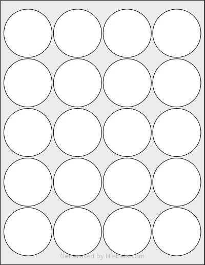 SpartanIndustrial® C004 template with 20 circle labels per sheet, each 2 inch in diameter, on Letter-size adhesive blank label sheets.