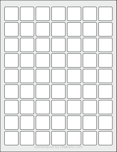 SpartanIndustrial® S001 template with 63 square 1 x 1 inch labels per sheet, on Letter-size adhesive blank label sheets.