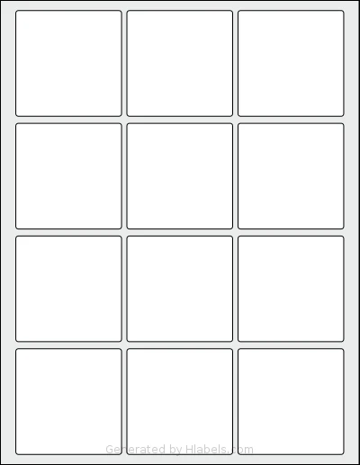SpartanIndustrial® S003 template with 12 square 2.5 x 2.5 inch labels per sheet, on Letter-size adhesive blank label sheets.
