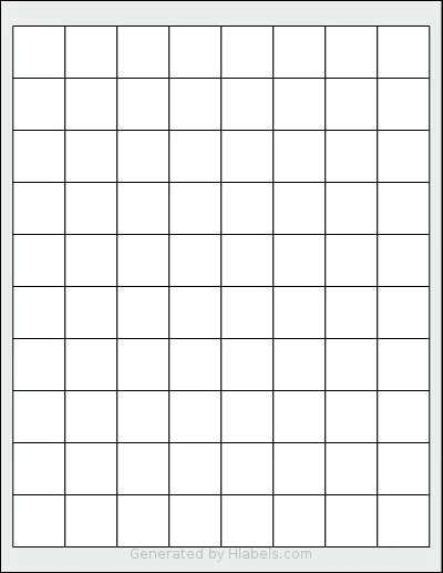 Uline® S-10433 template with 80 square 1 x 1 inch labels per sheet, on Letter-size adhesive blank label sheets.