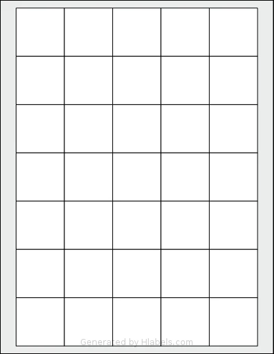 Uline® S-16990 template with 35 square 1.5 x 1.5 inch labels per sheet, on Letter-size adhesive blank label sheets.