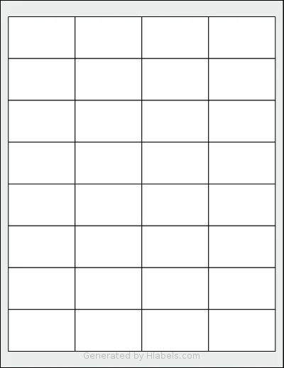 Uline® S-16991 template with 32 rectangular 2 x 1.25 inch labels per sheet, on Letter-size adhesive blank label sheets.