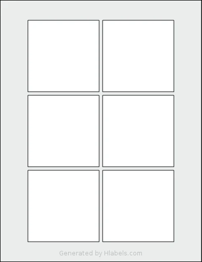 Uline® S-20135 template with 6 square 3 x 3 inch labels per sheet, on Letter-size adhesive blank label sheets.