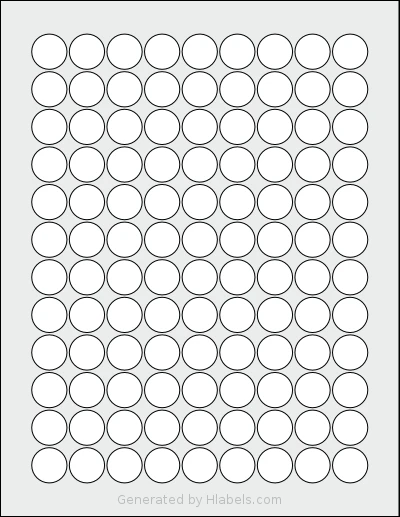 Uline® S-20175 template with 108 circle labels per sheet, each 0.75 inch in diameter, on Letter-size adhesive blank label sheets.