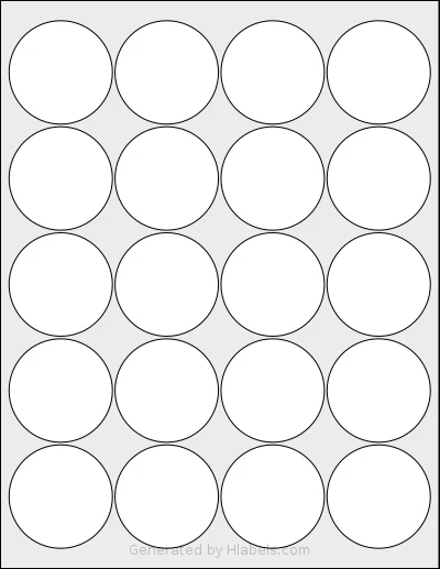 Uline® S-20183 template with 20 circle labels per sheet, each 2 inch in diameter, on Letter-size adhesive blank label sheets.