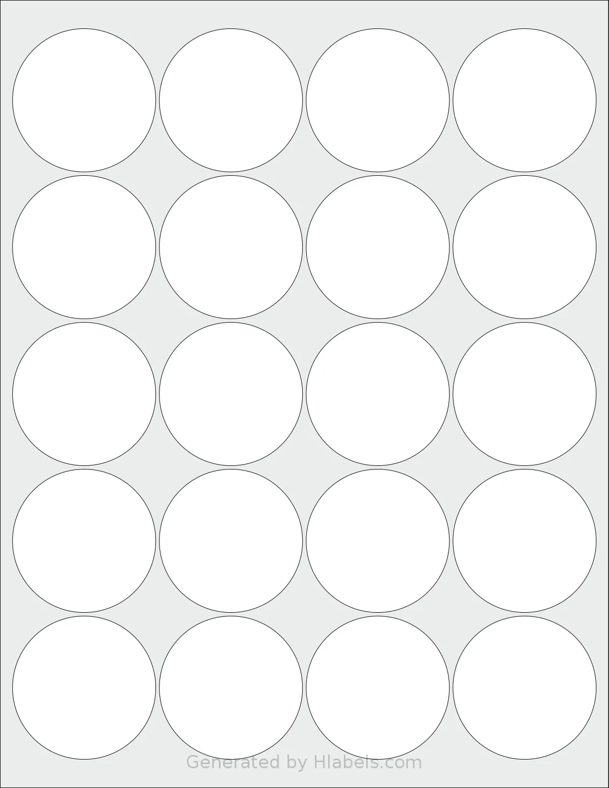 Uline® S-20183 template with 20 circle labels per sheet, each 2 inch in diameter, on Letter-size adhesive blank label sheets.