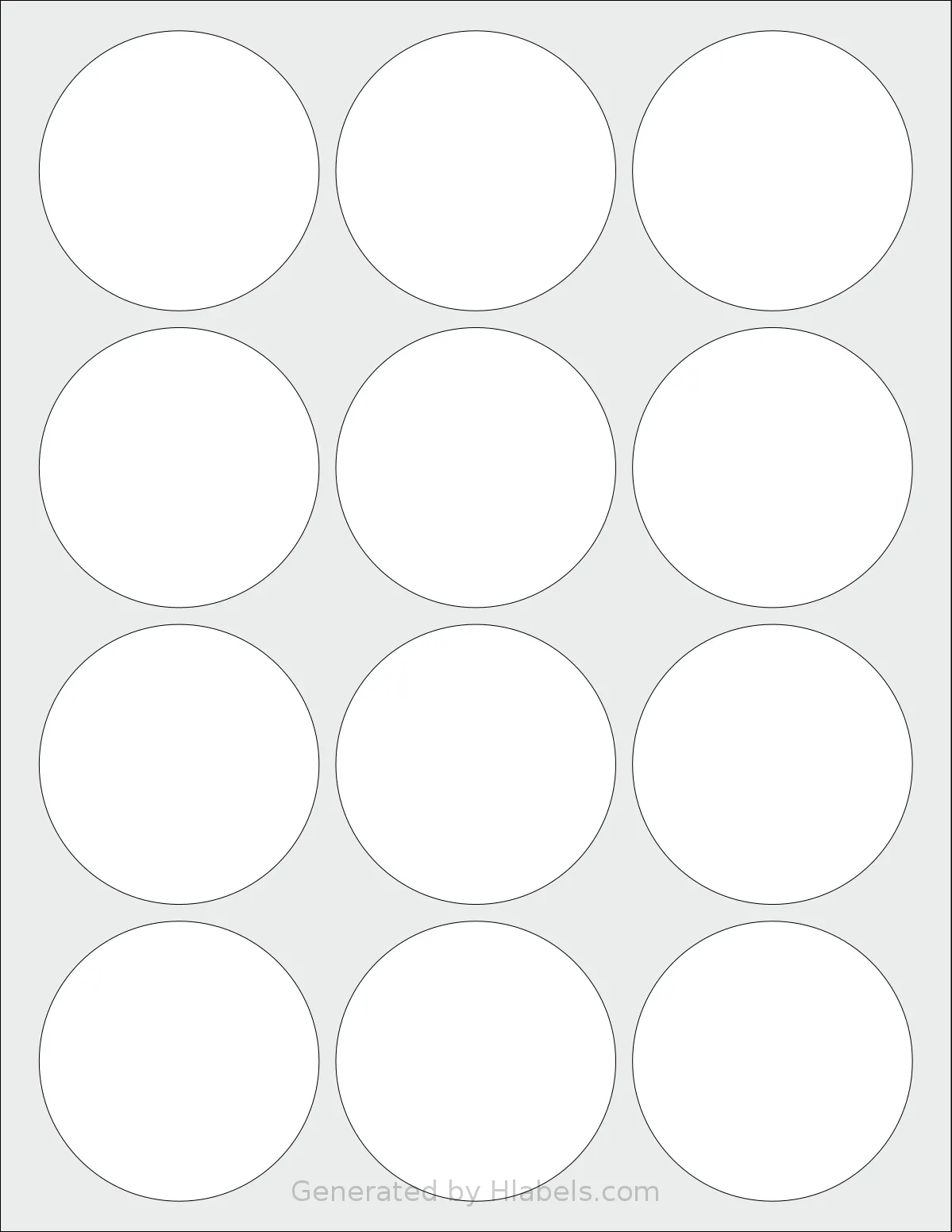 Uline® S-20184 template with 12 circle labels per sheet, each 2.5 inch in diameter, on Letter-size adhesive blank label sheets.
