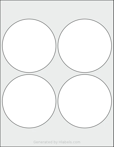 Uline® S-21905 template with 4 circle labels per sheet, each 4 inch in diameter, on Letter-size adhesive blank label sheets.