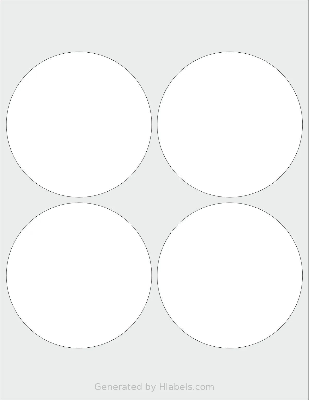 Uline® S-21905 template with 4 circle labels per sheet, each 4 inch in diameter, on Letter-size adhesive blank label sheets.
