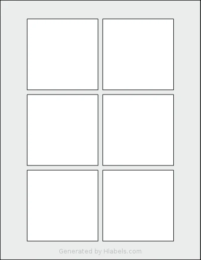 Uline® S-21909 template with 6 square 3 x 3 inch labels per sheet, on Letter-size adhesive blank label sheets.