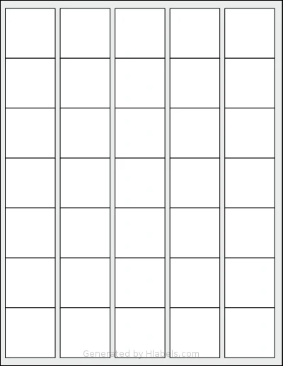 Uline® S-21928 template with 35 square 1.5 x 1.5 inch labels per sheet, on Letter-size adhesive blank label sheets.