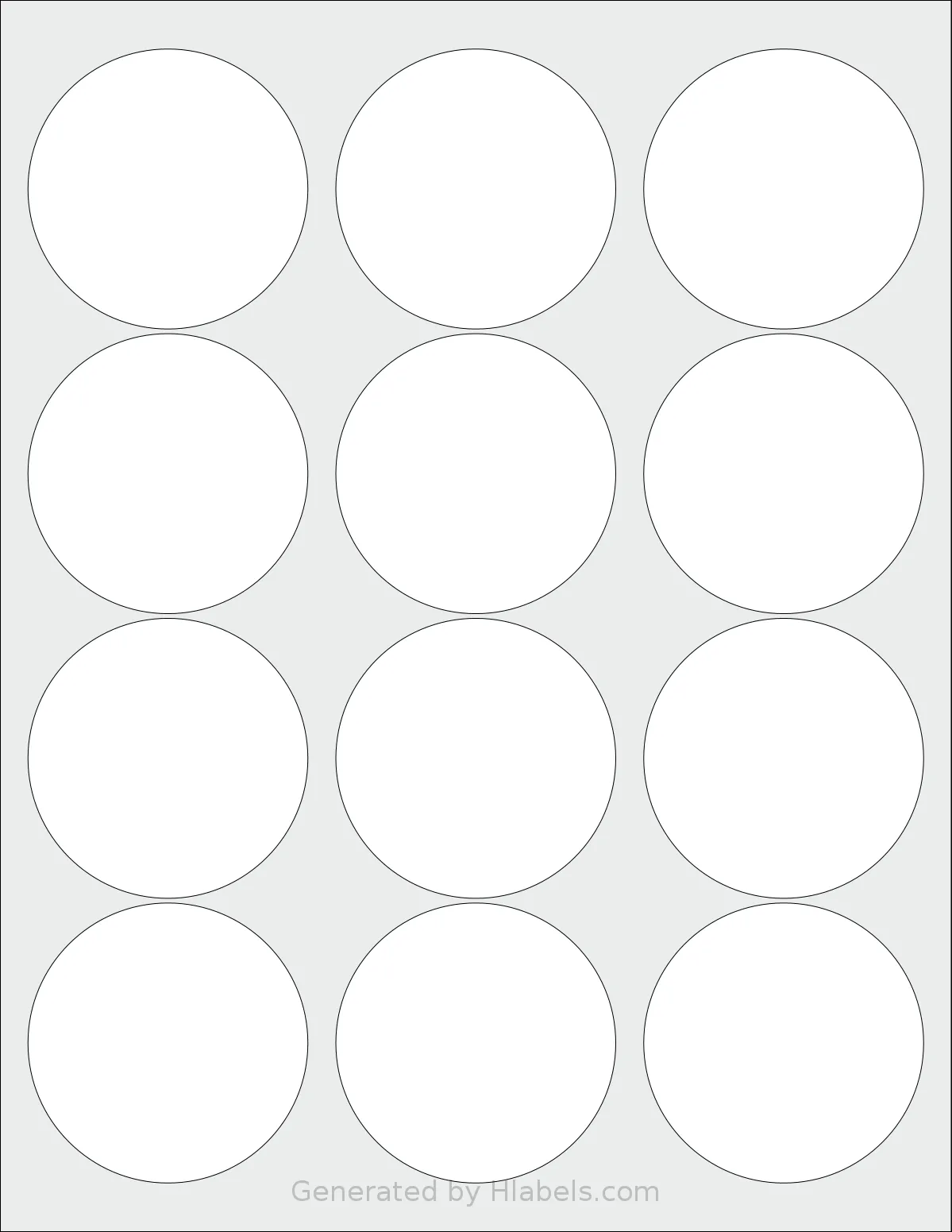 Uline® S-5046 template with 12 circle labels per sheet, each 2.5 inch in diameter, on Letter-size adhesive blank label sheets.