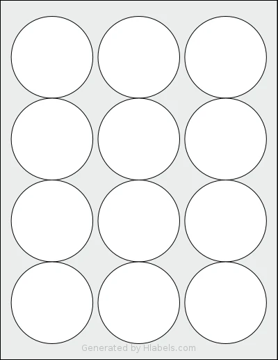 Worldlabel® WL-350 template with 12 circle labels per sheet, each 2.5 inch in diameter, on Letter-size adhesive blank label sheets.