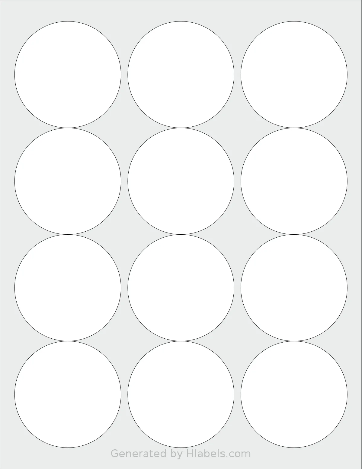 Worldlabel® WL-350 template with 12 circle labels per sheet, each 2.5 inch in diameter, on Letter-size adhesive blank label sheets.